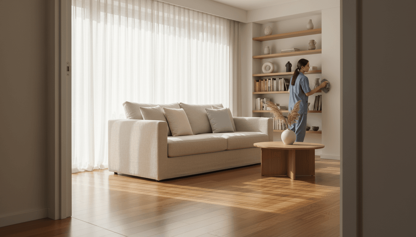 Bright living room with gleaming floors and spotless surfaces after a professional deep clean