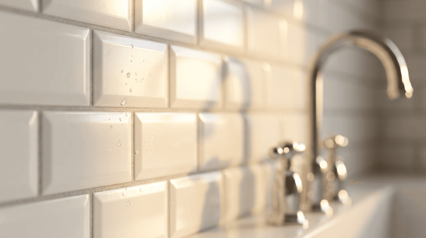 Scrubbing brush cleaning grout lines on white subway tiles