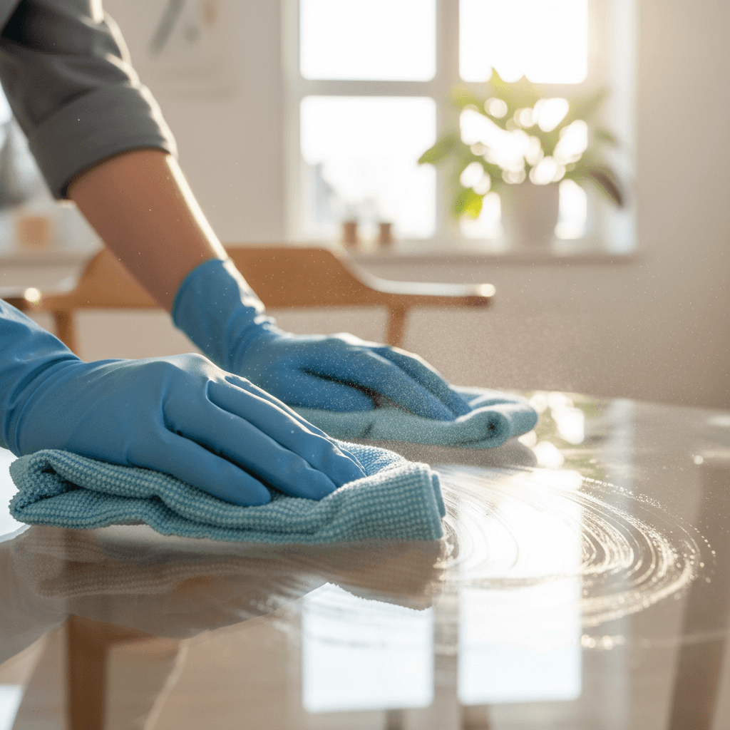 FreshCo cleaner mopping a hardwood floor in a sunlit living room