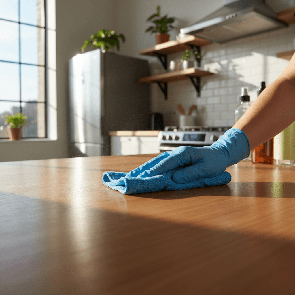 Cleaner using eco-friendly products on a kitchen counter