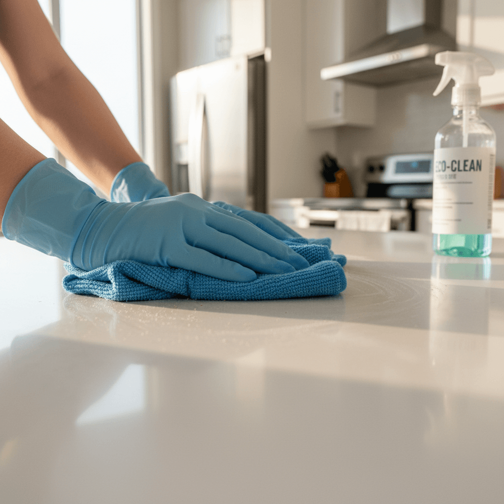 Gloved hand wiping a clean white baseboard with a microfiber cloth