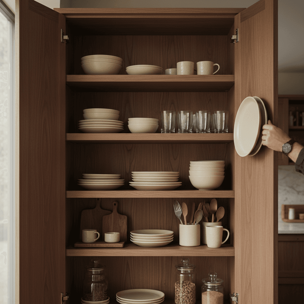 Hand wiping inside a wooden kitchen cabinet with a damp cloth