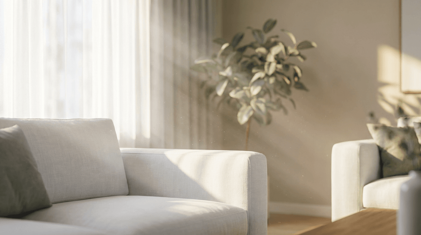 Professional cleaner wiping a glass coffee table in a bright, sunlit living room with wood floors and green plants