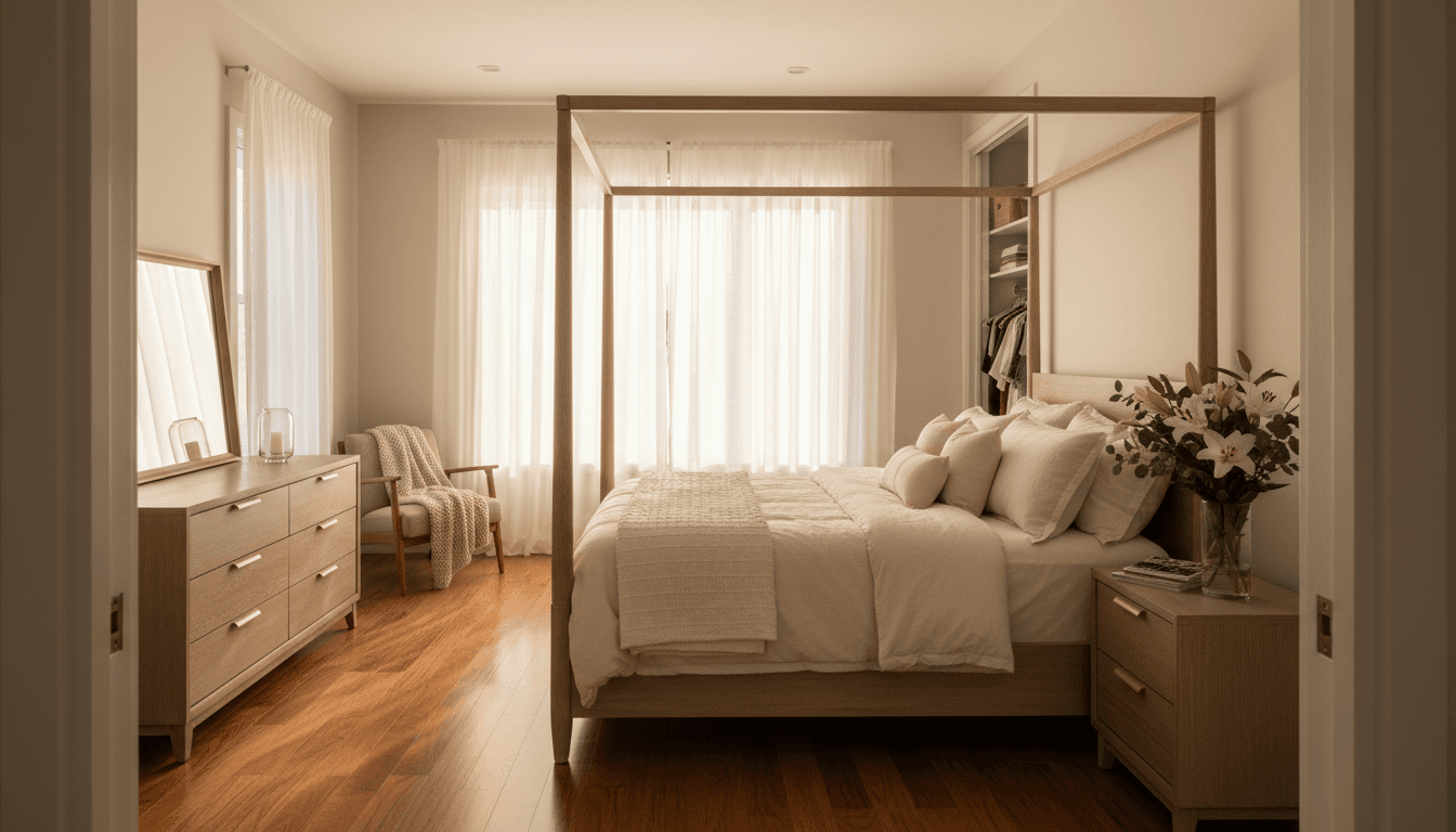 Airy bedroom with fresh linens after seasonal refresh