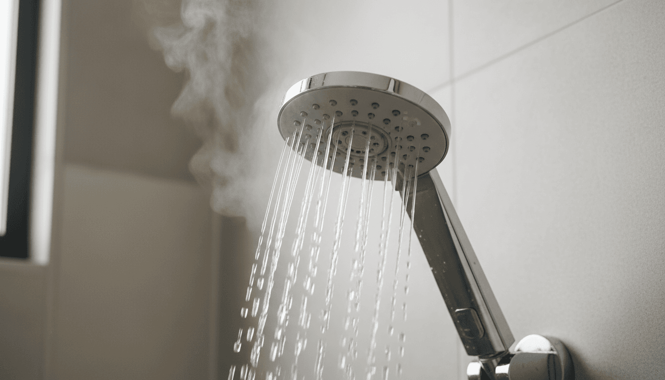 Spotless chrome showerhead and glass door after descaling