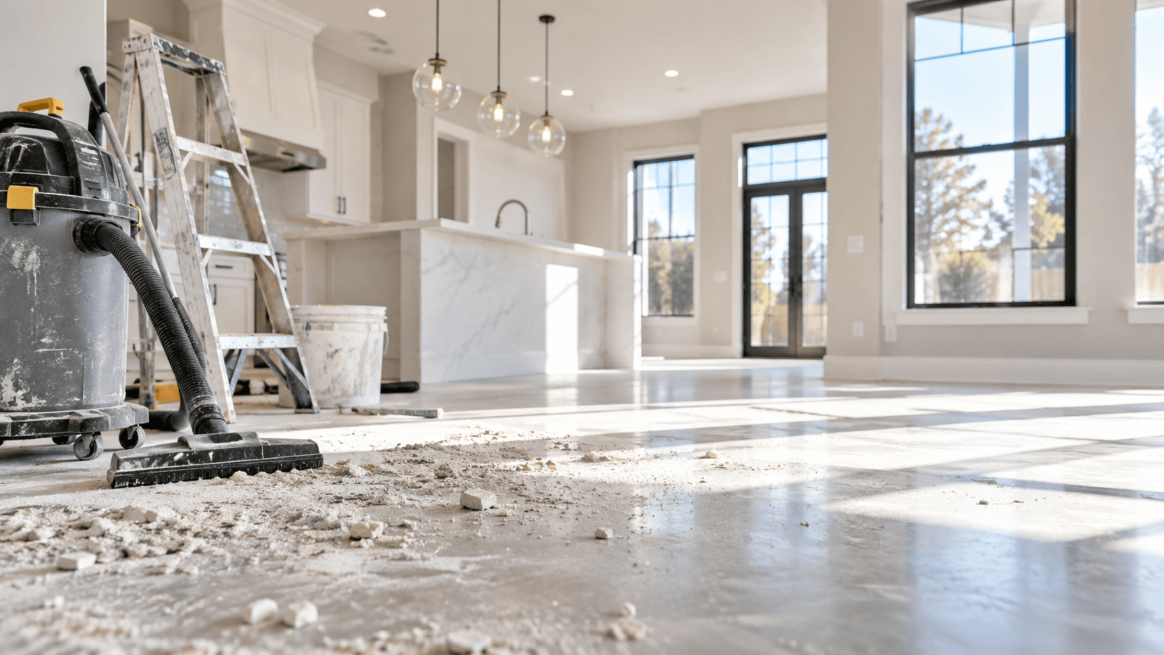 Shop vacuum and plaster debris on a polished floor in a bright, modern kitchen interior.