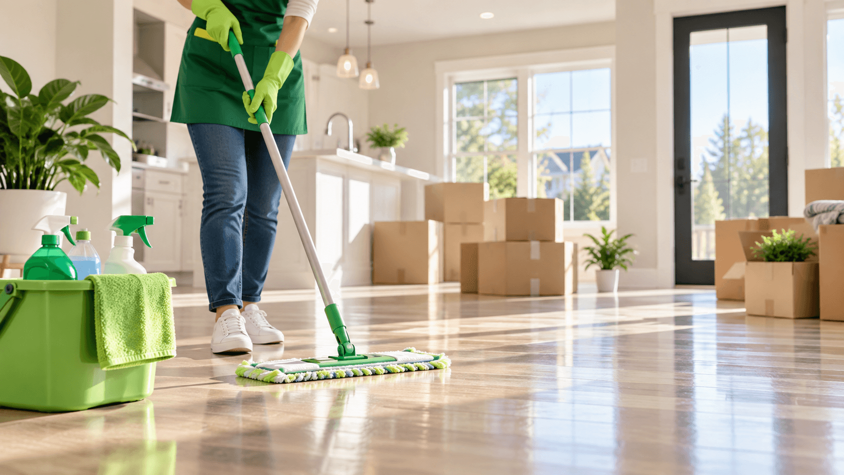 Cleaner mopping a shiny hardwood floor in a bright room filled with moving boxes.