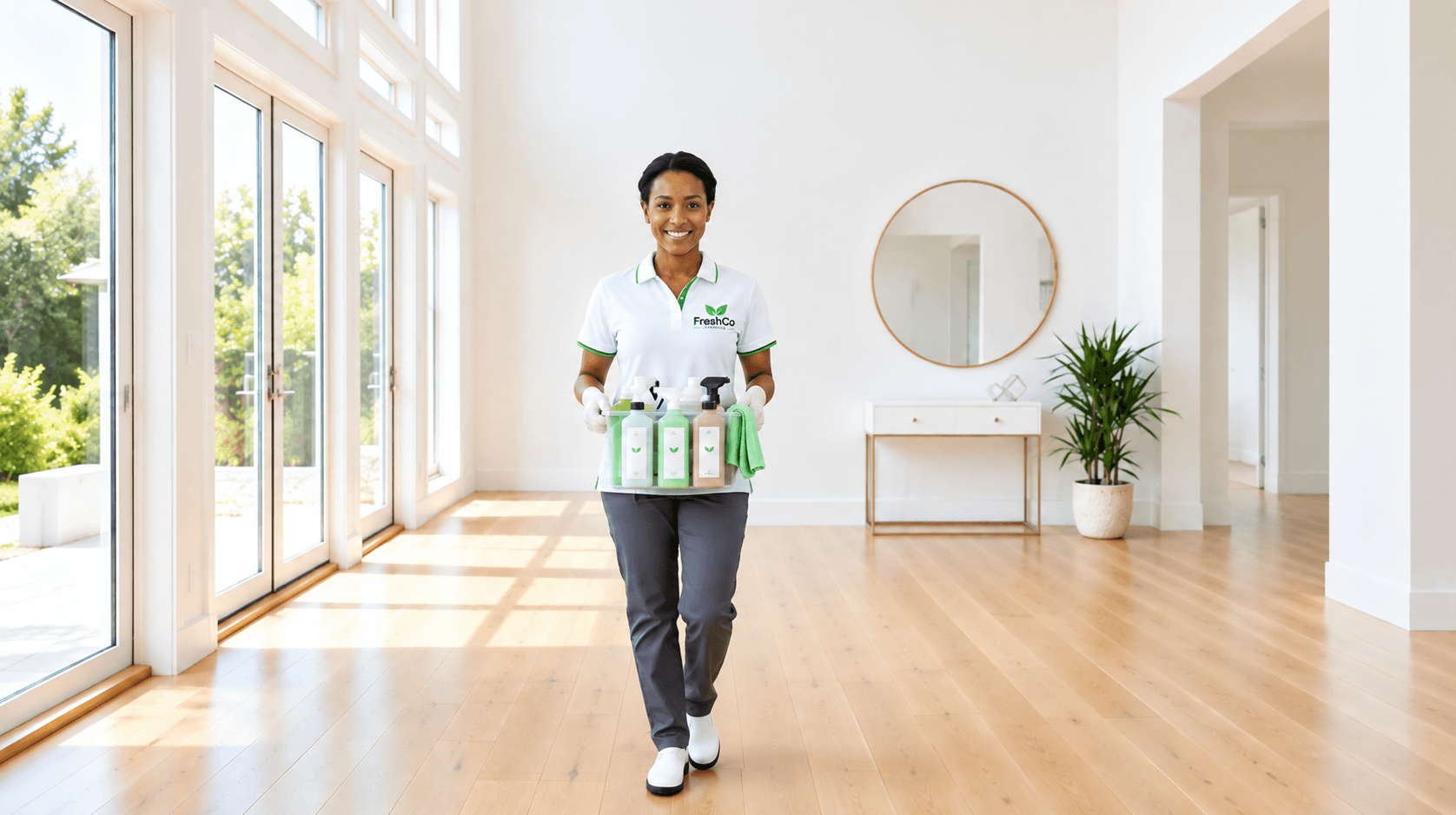 Smiling professional cleaner holding a caddy of supplies in a bright, modern, empty home.