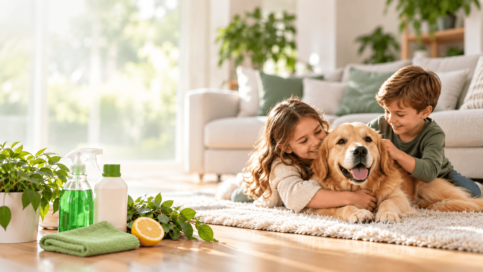 Happy children hugging a golden retriever near natural cleaning supplies in a sunlit room.