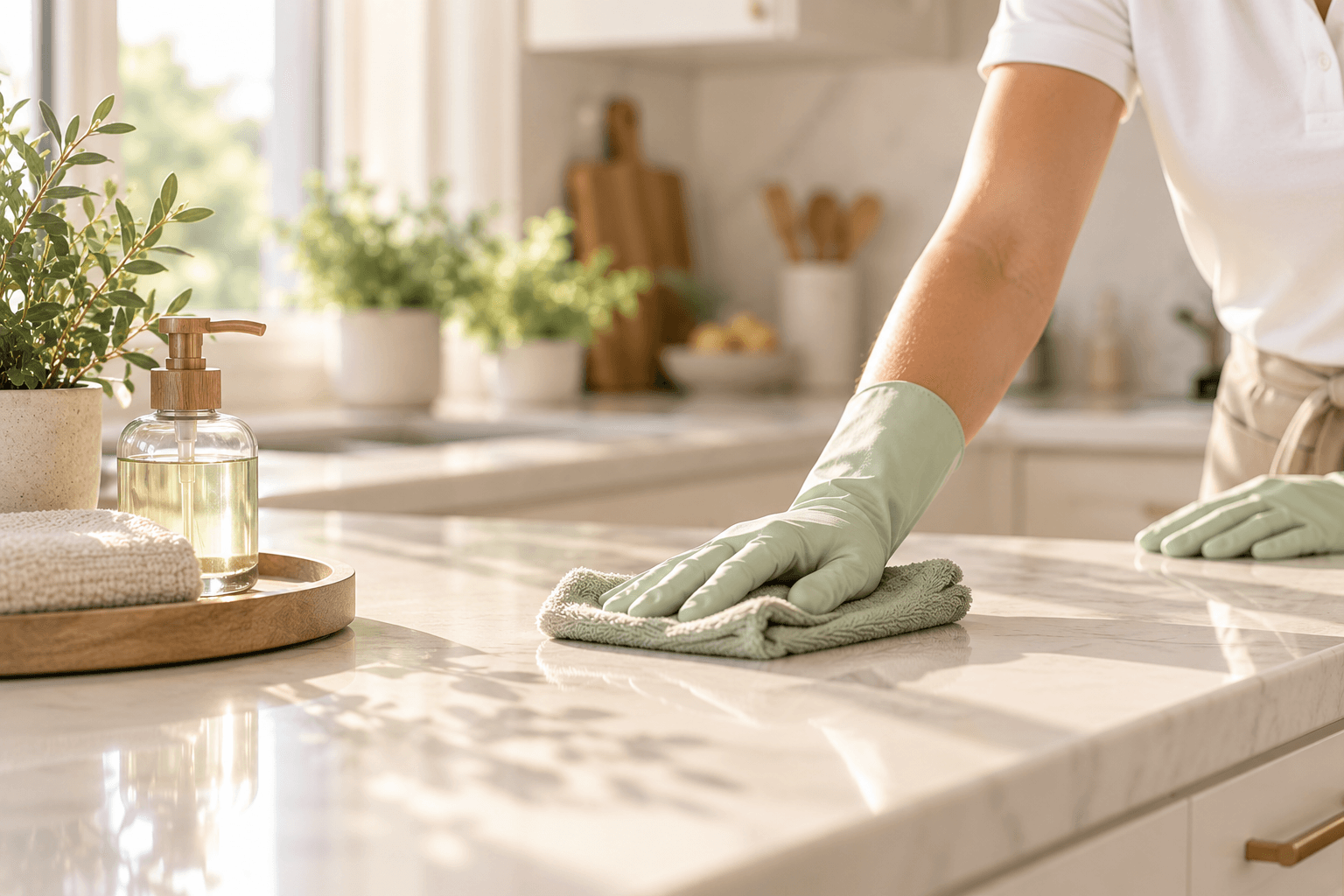 Person wearing green rubber gloves wiping a white marble kitchen countertop with a green cloth.