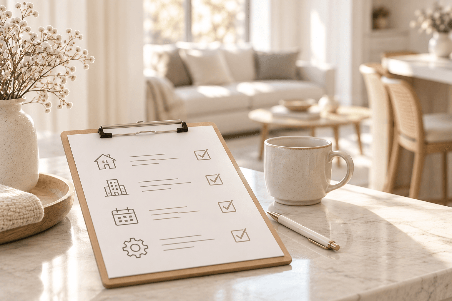 Clipboard with a checklist featuring icons, pen, and mug on a bright marble countertop.