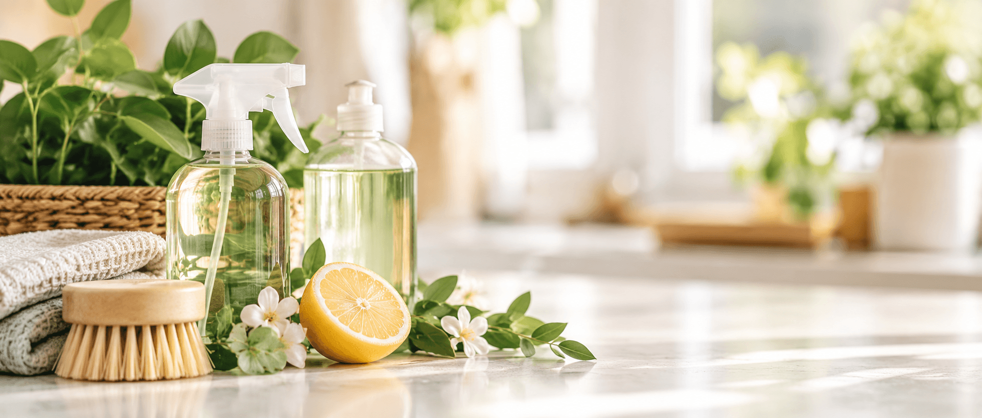 Natural cleaning supplies featuring bottles, a wooden brush, and a lemon on a sunlit counter.